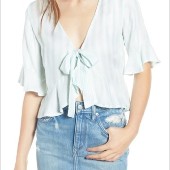 Mint Stripe Tie Front Peplum Top - Picture 1 of 5